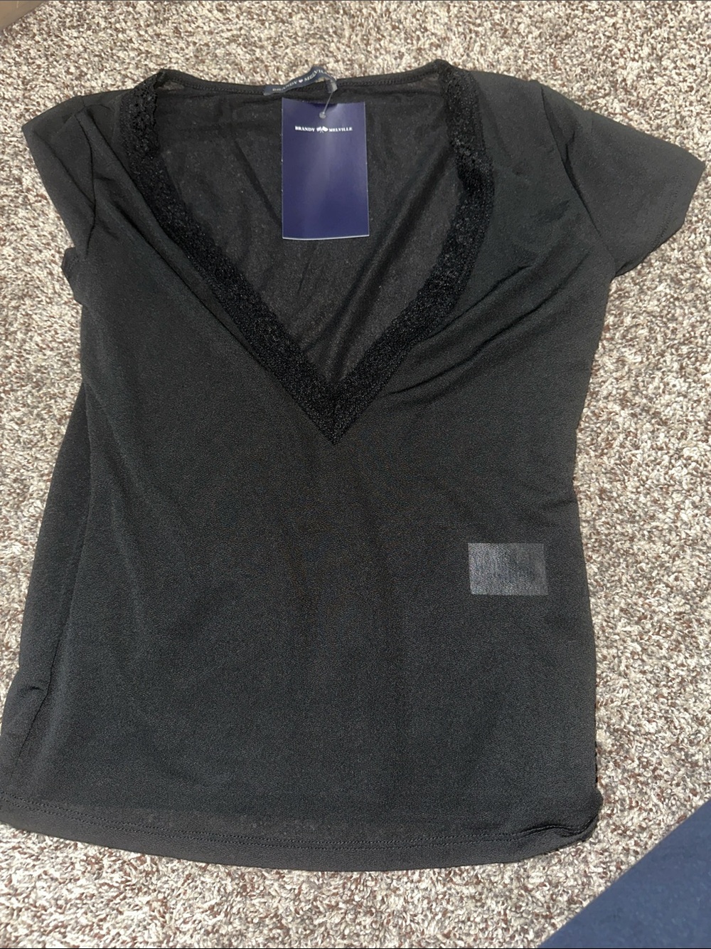 Brandy Melville Black Short Sleeve V-Neck lace sheer top